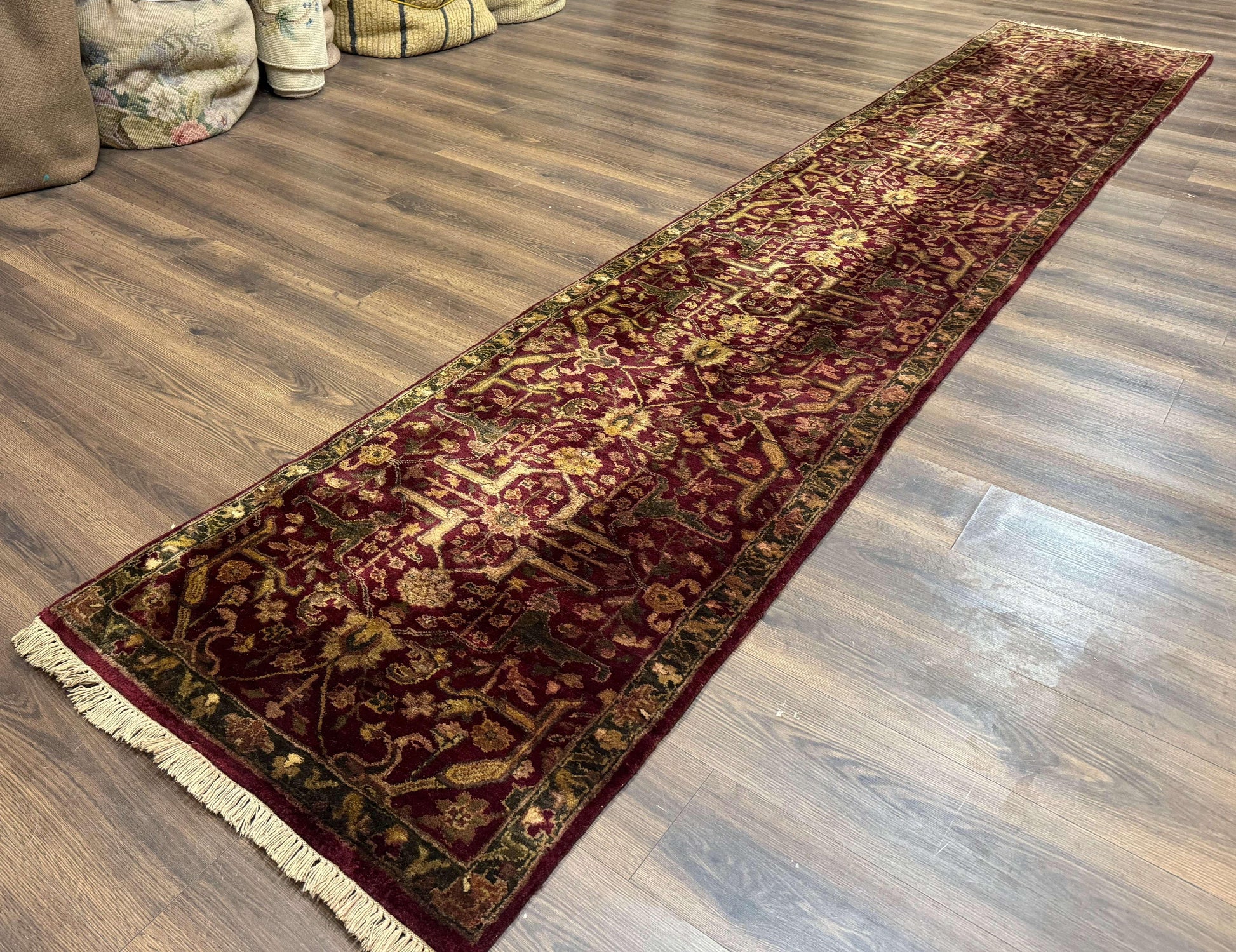 Indo Persian Runner Rug 2.7 x 13.8, Maroon, Wool, Handmade Indian Rug for Hallway - Nuvé