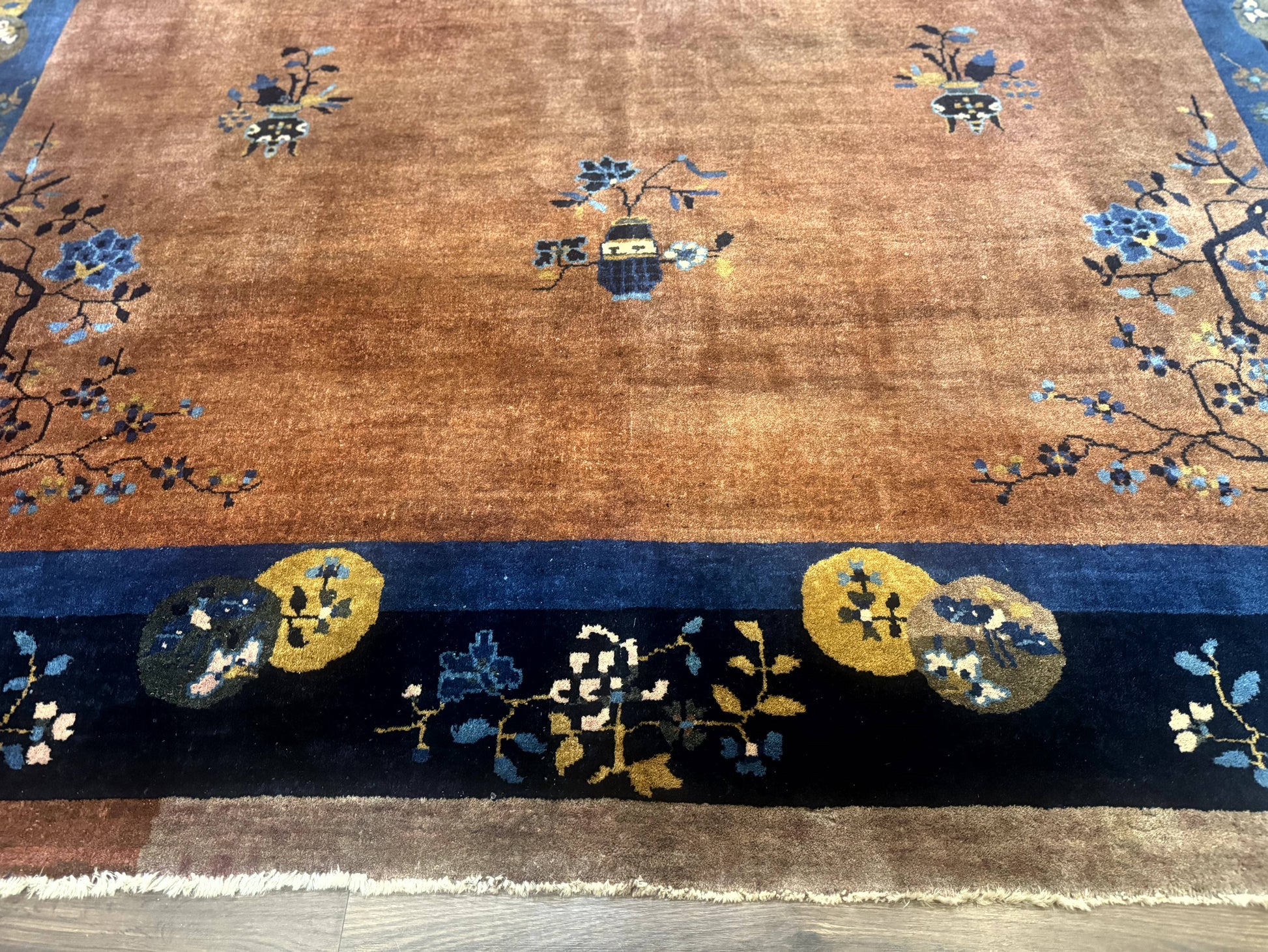 Antique Chinese Wool Rug 9x12, Light Brown and Navy Blue, Fete Peking Art Deco - Nuvé