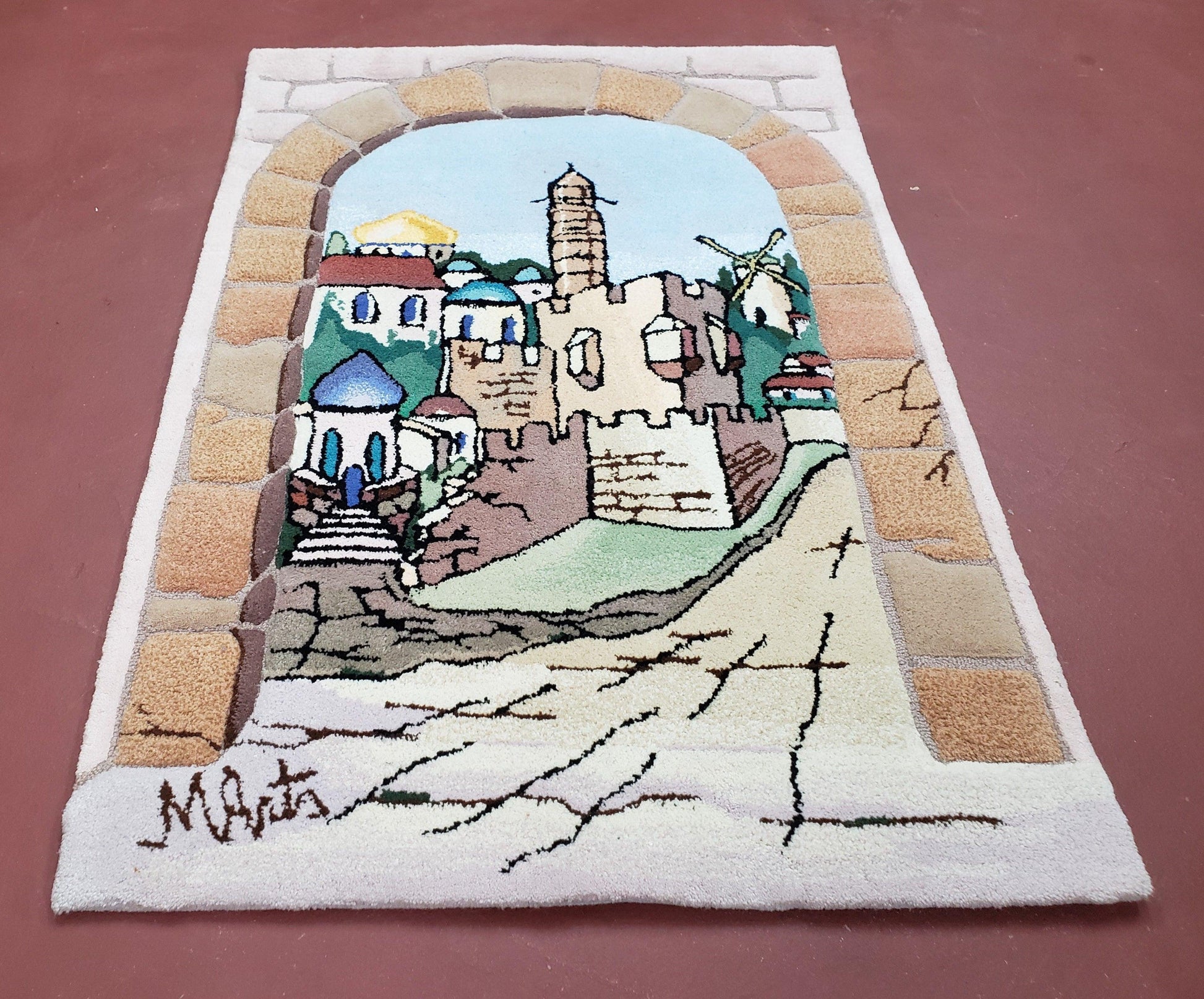Small Judaica Rug, Rug with Jerusalem Pictorial, Chanuka Gift, Hand-Tufted, Jerusalem Gate, Vintage Judaica, Western Wall Rug, 3x4 Rug - Nuvé