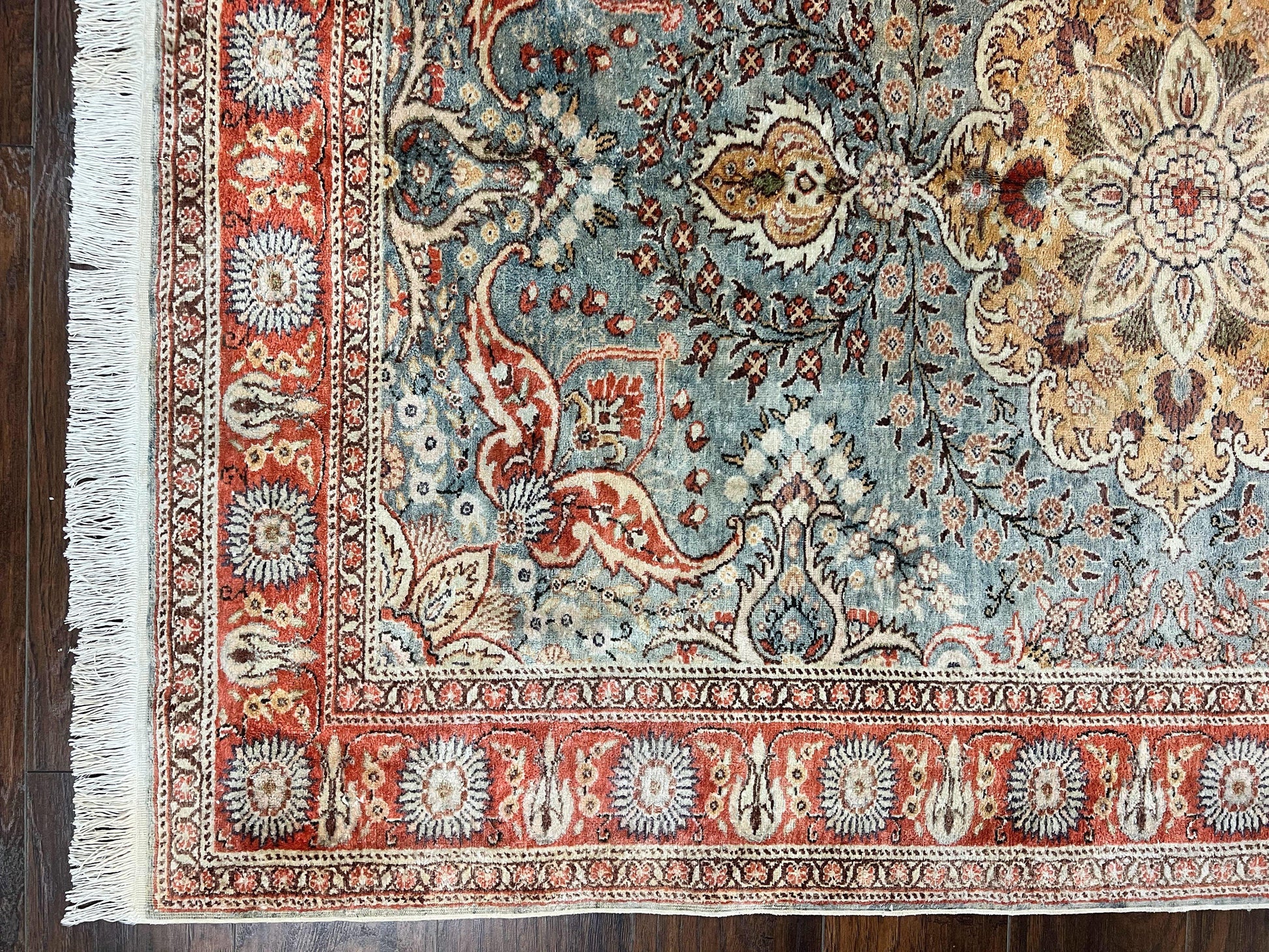 Silk Turkish Rug 5x7, Light Blue Silk Carpet, Floral Medallion, Turkish Kayseri Rug, Vintage Handmade Oriental Rug - Nuvé