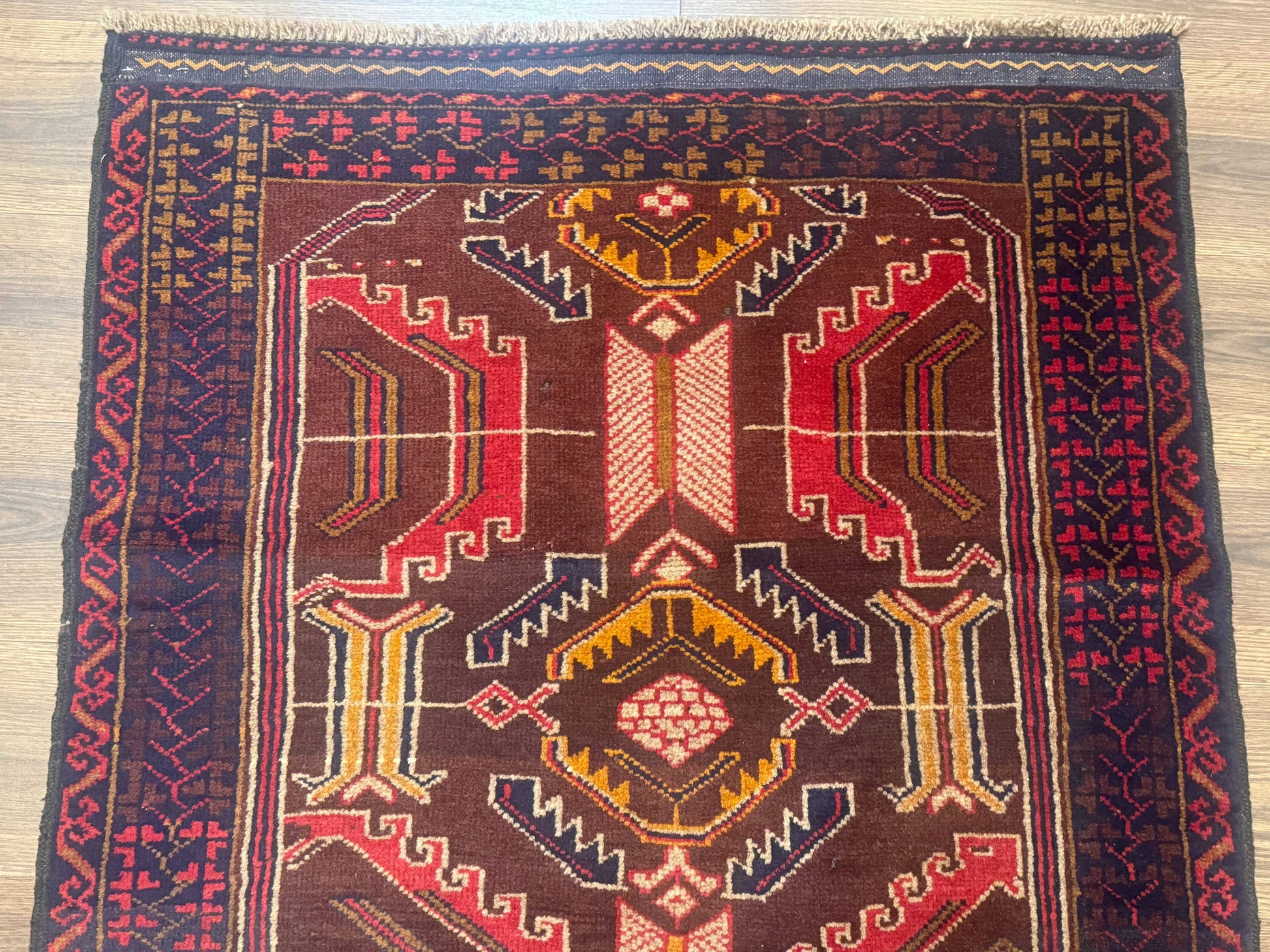 Afghan Rug 3x7, Maroon and Navy Blue, Balouch Carpet, Tribal Rug, New - Nuvé