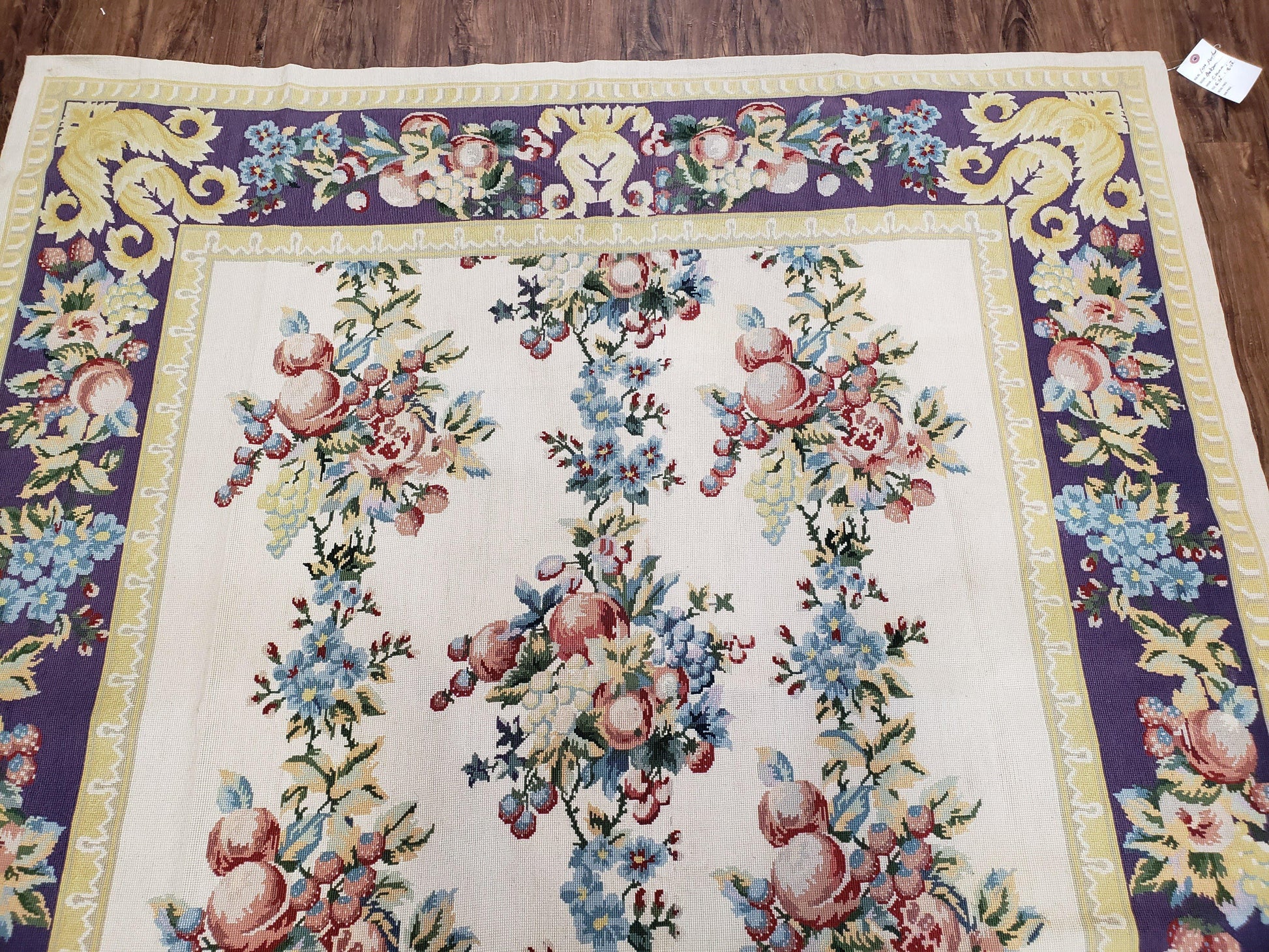 Vintage Chinese Floral Needlepoint Area Rug 6x9, Wool Hand-Woven Handmade Flatweave Rug, Ivory & Purple, Fruits Grapes Apples, Dining Room - Nuvé