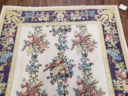 Vintage Chinese Floral Needlepoint Area Rug 6x9, Wool Hand-Woven Handmade Flatweave Rug, Ivory & Purple, Fruits Grapes Apples, Dining Room - Nuvé