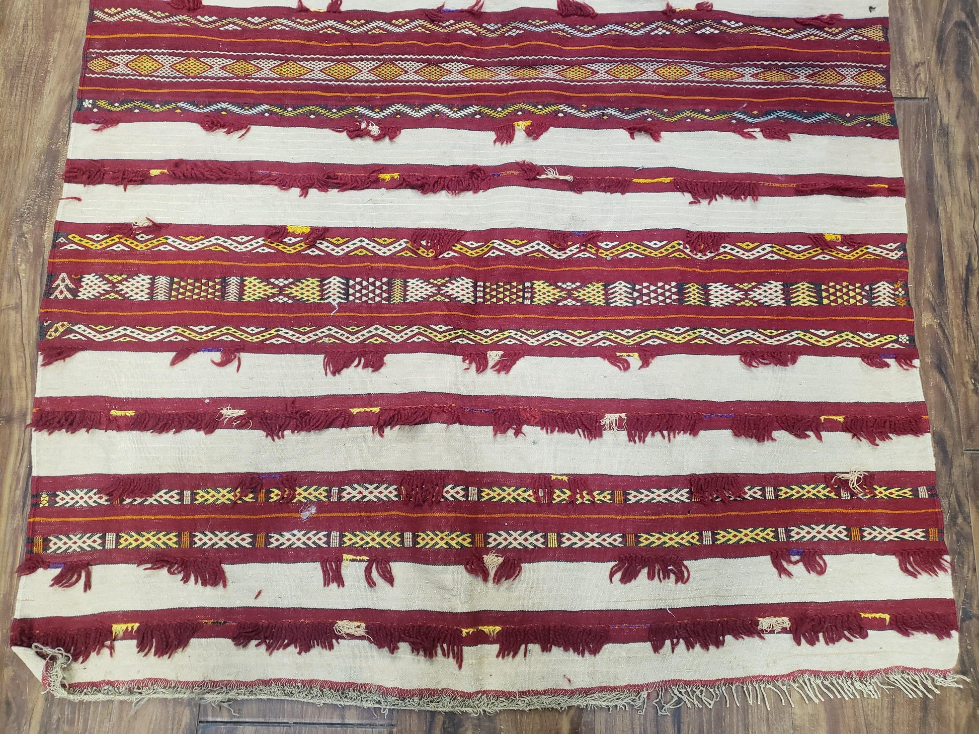 Antique Turkoman Yamud Rug 3x5 ft, 1920s Turkmen Sofreh Table Cover, Bohemian Rug, Tribal Collectible, Striped Rug, Handmade Ivory and Red - Nuvé