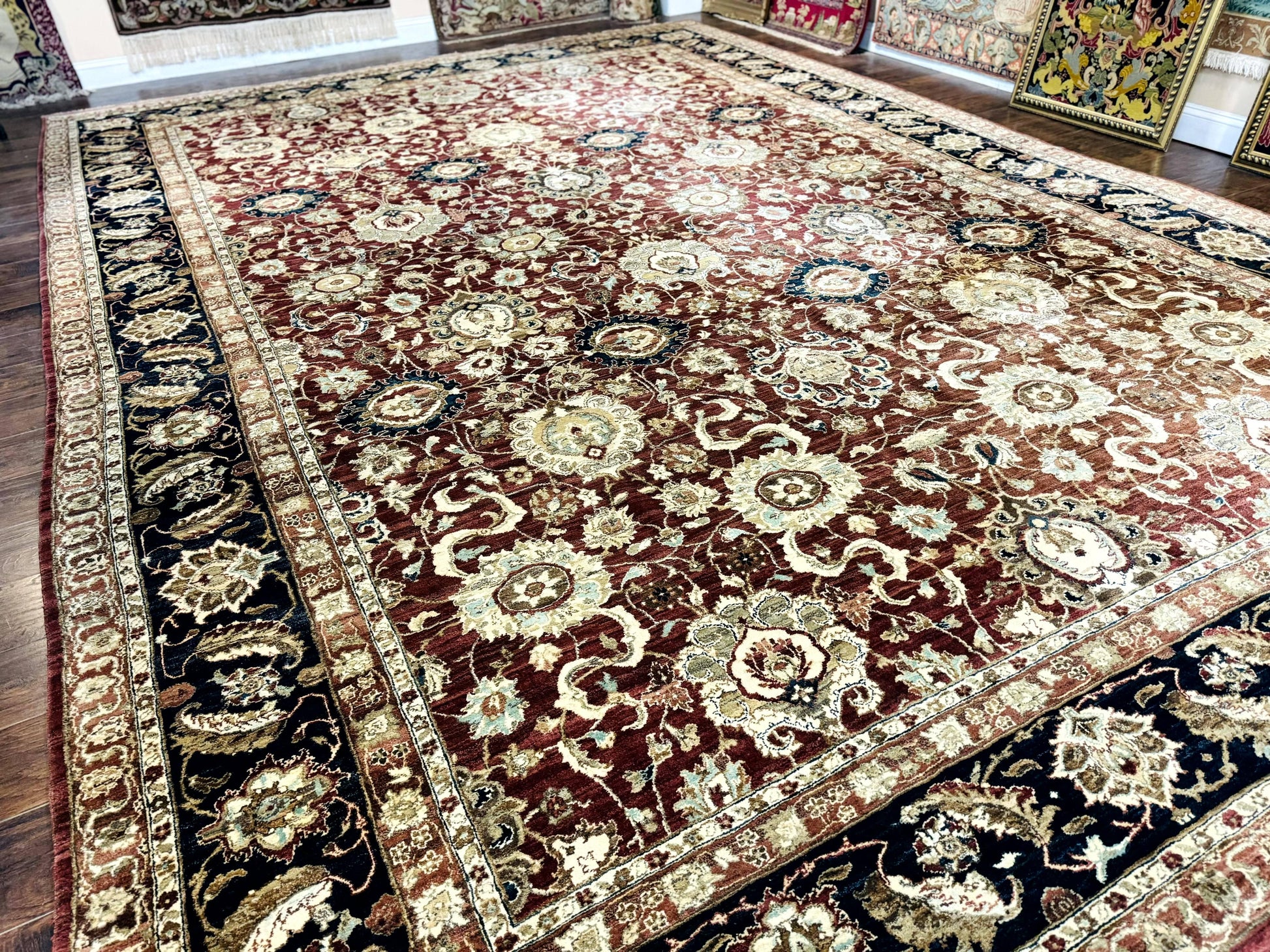 Palace Sized Indian Agra Rug 12x17, Wool Handmade Floral Allover Carpet - Nuvé