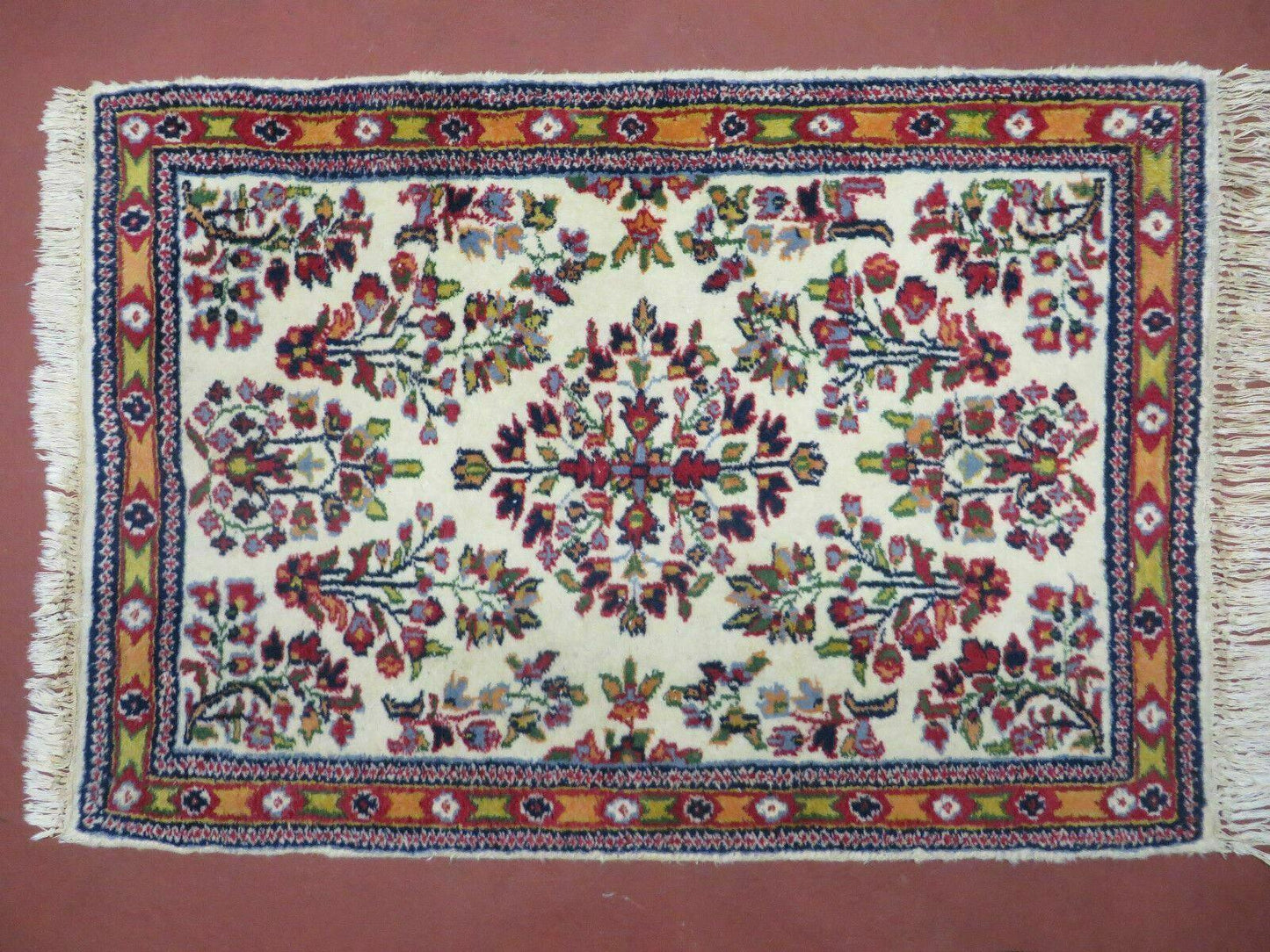 Small Persian Rug 2 x 3, Tiny Persian Sarouk Carpet, Cream Navy Blue Red, Floral Medallion, Vintage Wool Rug, Handmade Hand-Knotted Oriental Rug - Nuvé