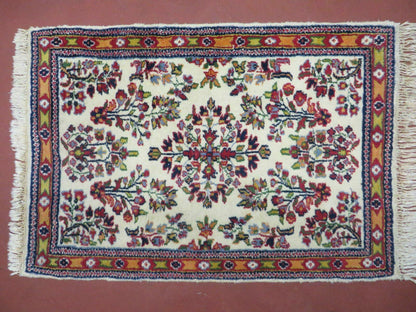 Small Persian Rug 2 x 3, Tiny Persian Sarouk Carpet, Cream Navy Blue Red, Floral Medallion, Vintage Wool Rug, Handmade Hand-Knotted Oriental Rug - Nuvé