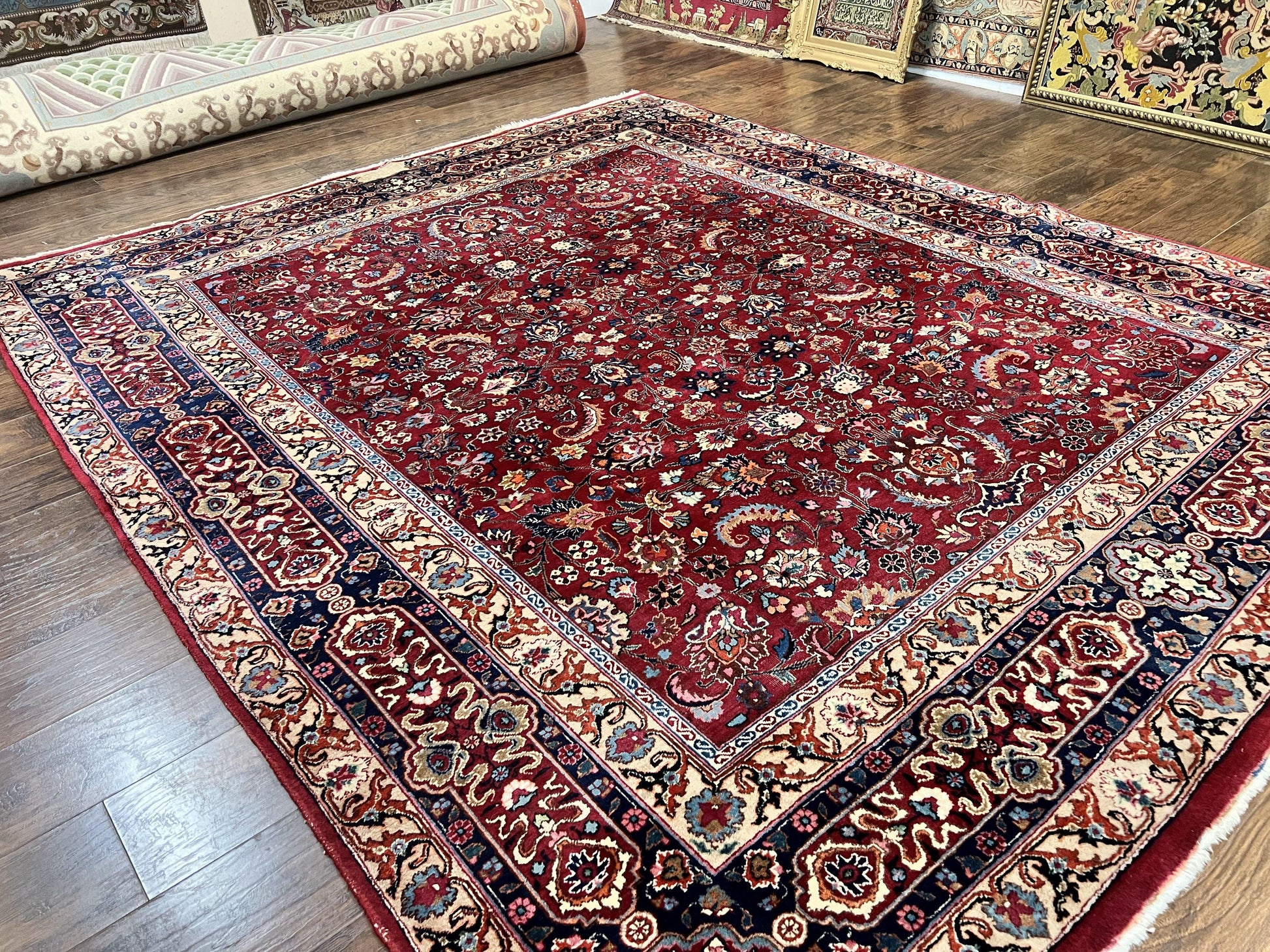 Signed Persian Mashad Rug 8x10, Wool Oriental Carpet, Semi Antique Rug, Hand Knotted, Traditional, Red, Floral Allover, - Nuvé