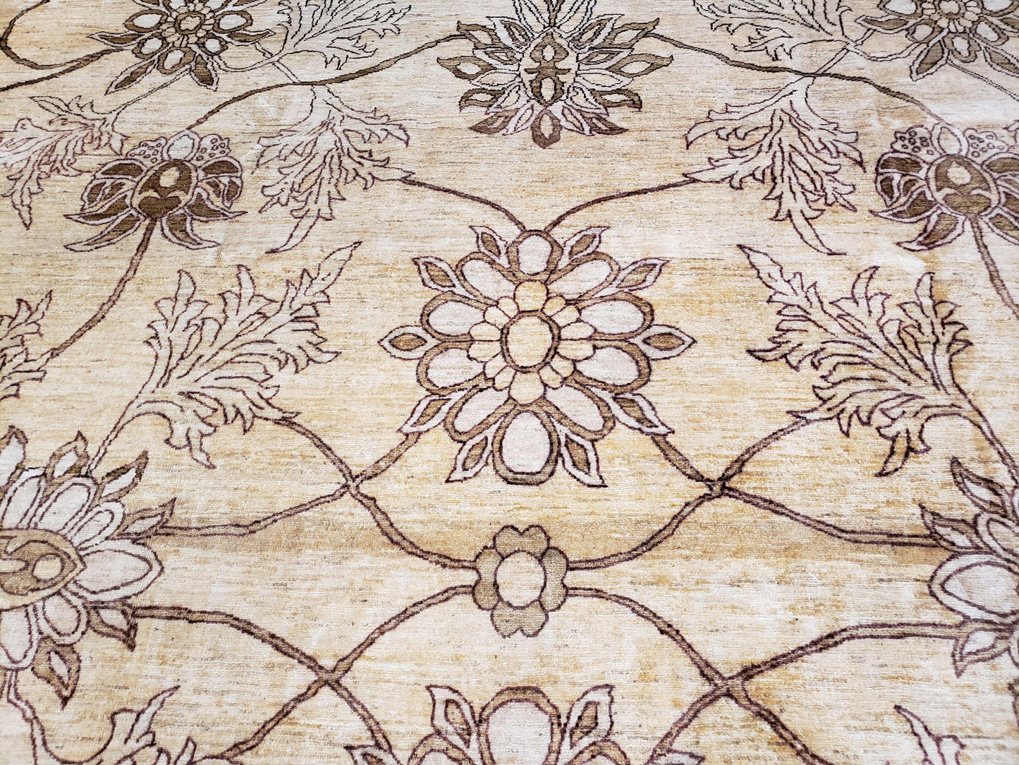 Oversized Peshawar Chobi Oushak Area Rug 11.6 x 12.5, Wool Hand-Knotted Light Gold & Ivory Decorative Pakistani Floral Carpet, 11x12 - 12x13 - Nuvé
