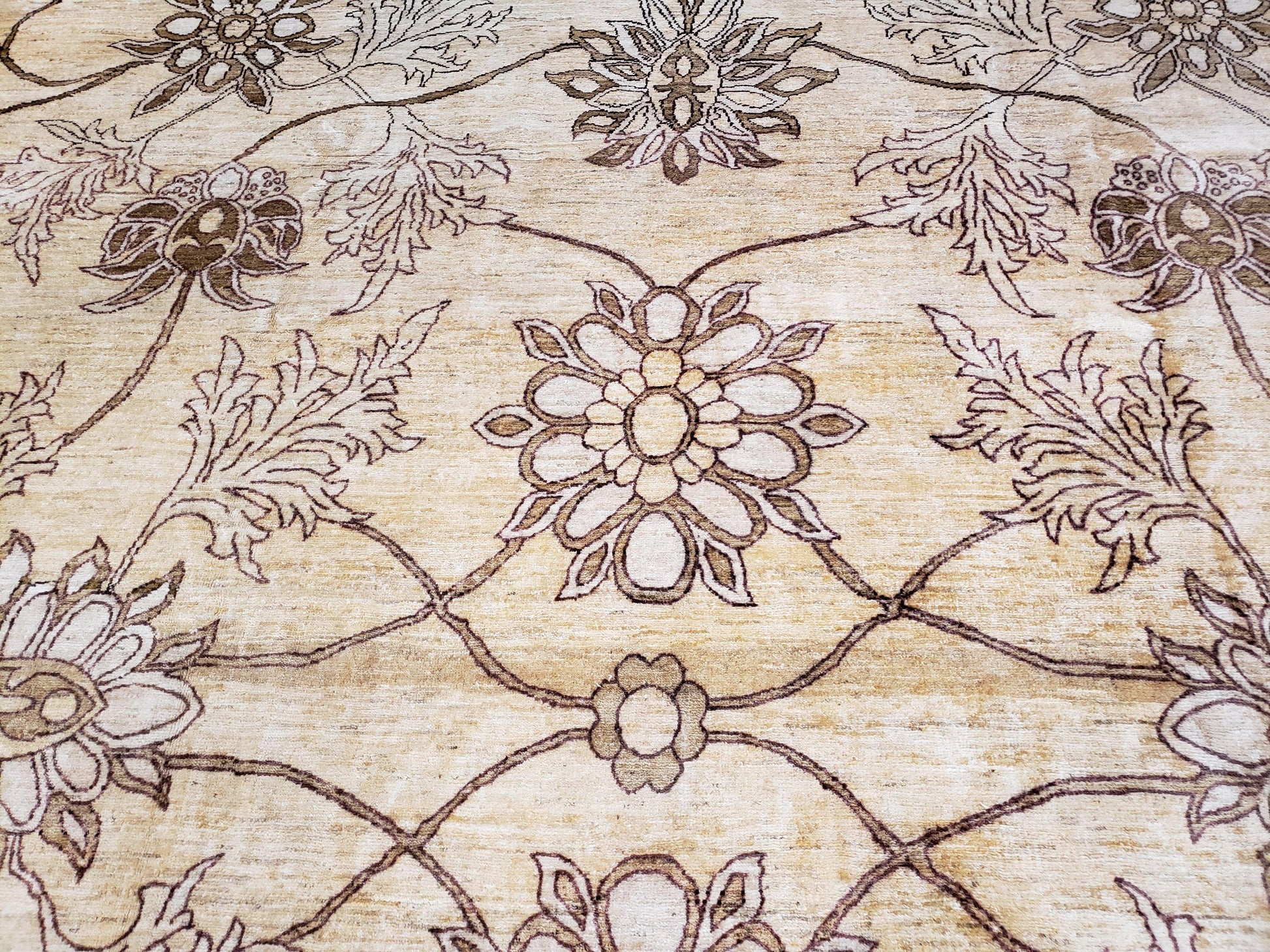 Oversized Peshawar Chobi Oushak Area Rug 11.6 x 12.5, Wool Hand-Knotted Light Gold & Ivory Decorative Pakistani Floral Carpet, 11x12 - 12x13 - Nuvé