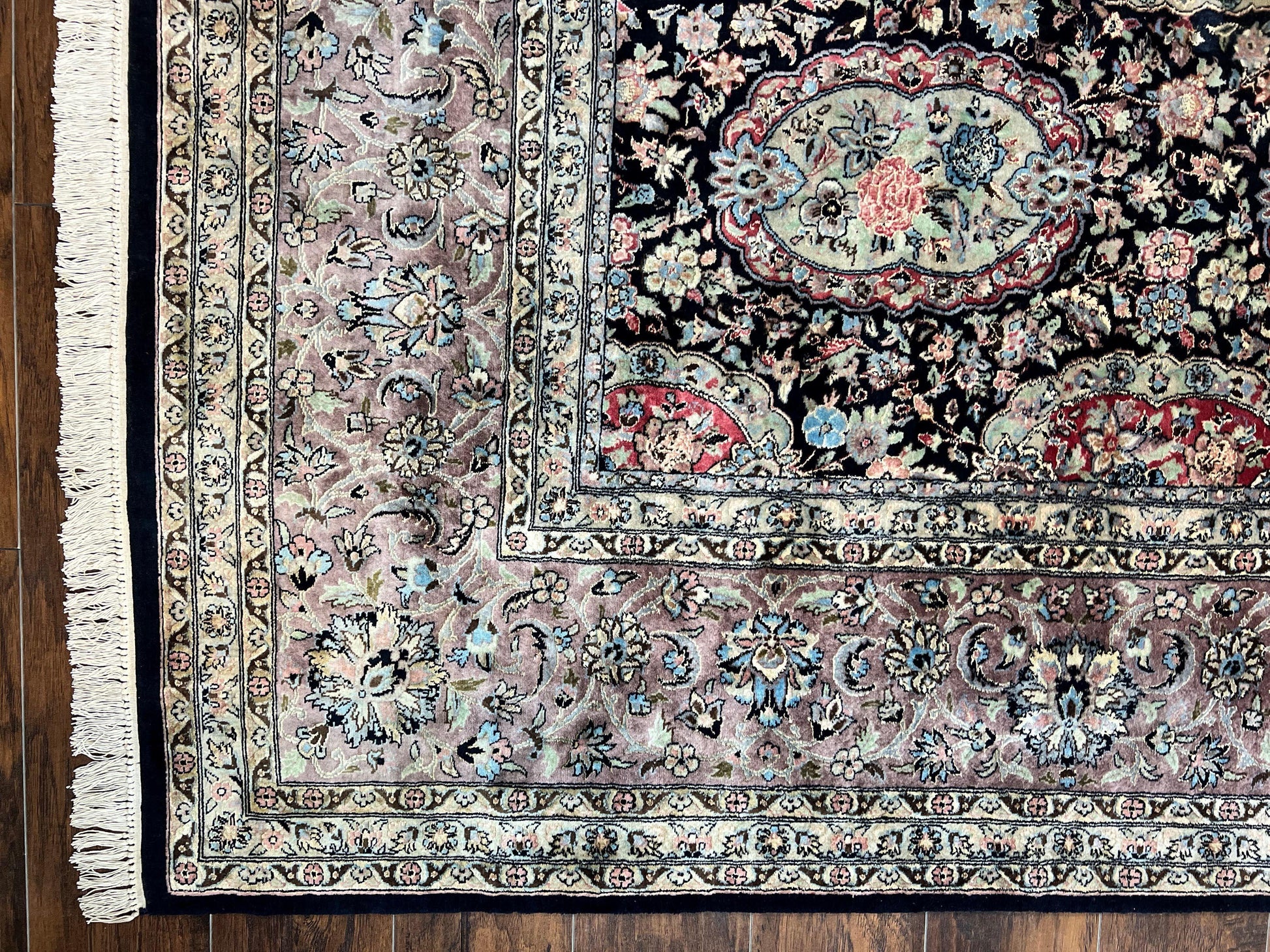 Sino Persian Rug 9x12, Navy Blue and Pink Hand Knotted Wool and Silk Highlights Vintage Oriental Carpet, Handmade Floral Area Rug 9 x 12 ft - Nuvé