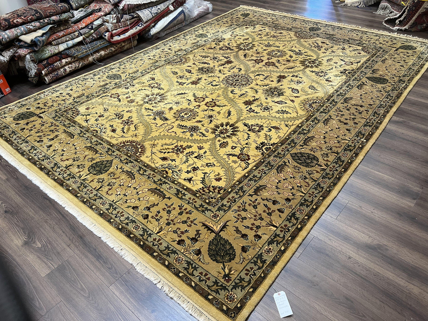 Indo Persian Mahal Rug 10x14, Wool Hand Knotted Oriental Carpet, Cream Floral Allover, Vintage Area Rug 10 x 14, Traditional Rug, Handmade - Nuvé