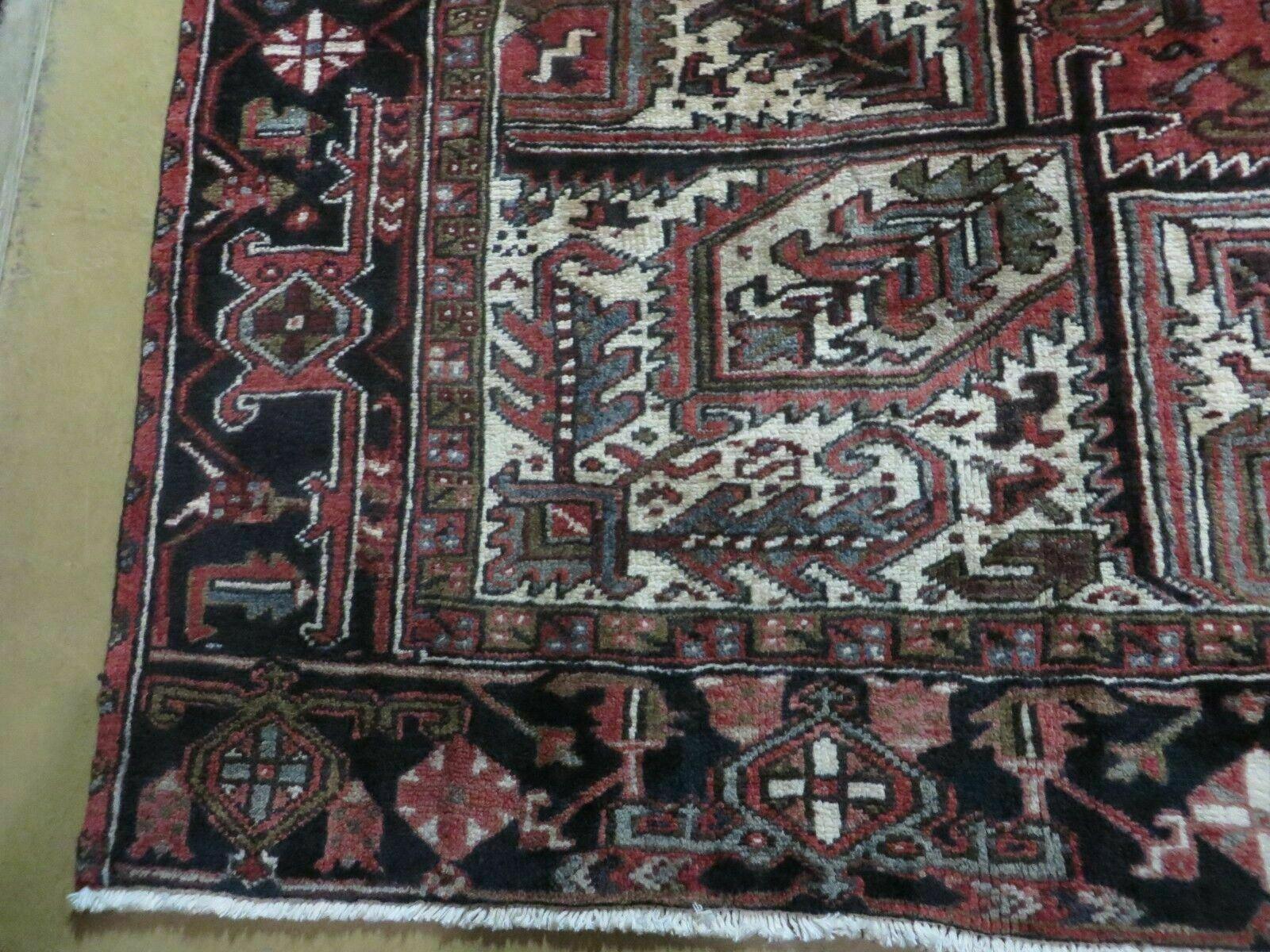 Persian Heriz Rug 8x12 Semi Antique Heriz Carpet, Room Sized Persian Carpet, Geometric Medallion, Wool, Hand Knotted, Red Ivory Dark Blue - Nuvé