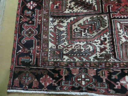 Persian Heriz Rug 8x12 Semi Antique Heriz Carpet, Room Sized Persian Carpet, Geometric Medallion, Wool, Hand Knotted, Red Ivory Dark Blue - Nuvé