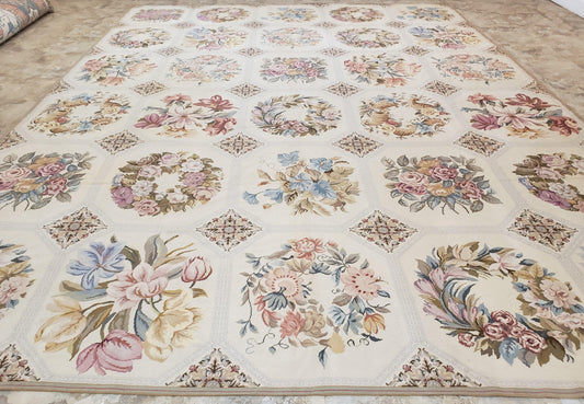Needlepoint Rug 10x13 Vintage Carpet, Floral Panel Design, Beige, Multicolor Flowers, Handmade Hand Woven, Flatweave, No Pile, Wool - Nuvé