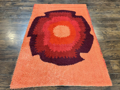Danish Rya Shag Rug 4x6, Mid Century 1960s Retro Vintage Wool Rug, Shades of Red - Nuvé