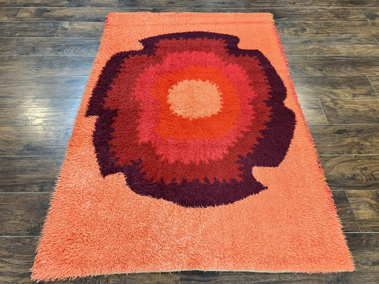Danish Rya Shag Rug 4x6, Mid Century 1960s Retro Vintage Wool Rug, Shades of Red - Nuvé