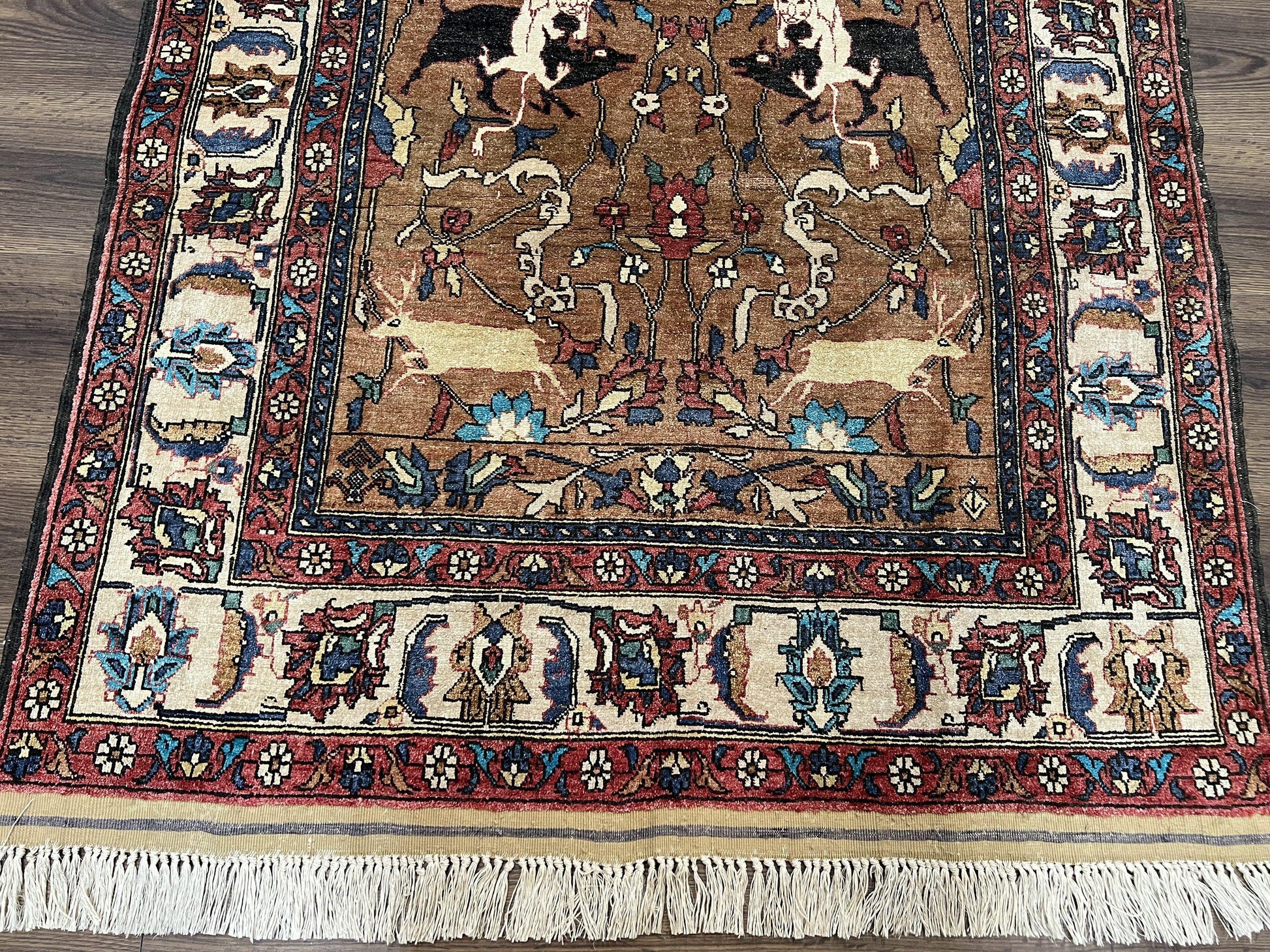 Unique Afghan Silk Rug 4x6, Hunting Pattern Animal Motifs, Light Brown and Cream, Persian Handwritten Poetry, Fine 1940s Oriental Carpet Wow - Nuvé