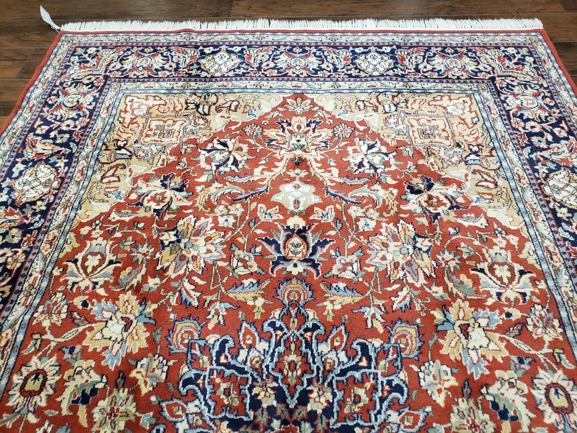 Vintage Indo Persian Oriental Rug 6 x 9.6, Wool Hand-Knotted Red Dark Blue & Gold Indian Carpet, 6 x 9 Office Room Rug, Floral Medallion - Nuvé