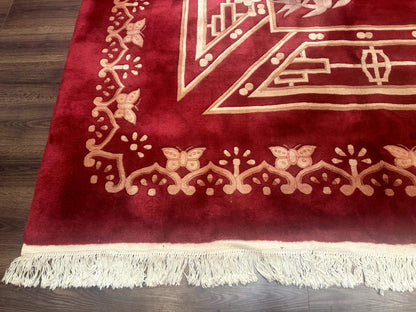 Palace Size Chinese Wool Rug 12x18, Red Art Deco Chinese Carving Carpet, Butterflies Flowers - Nuvé