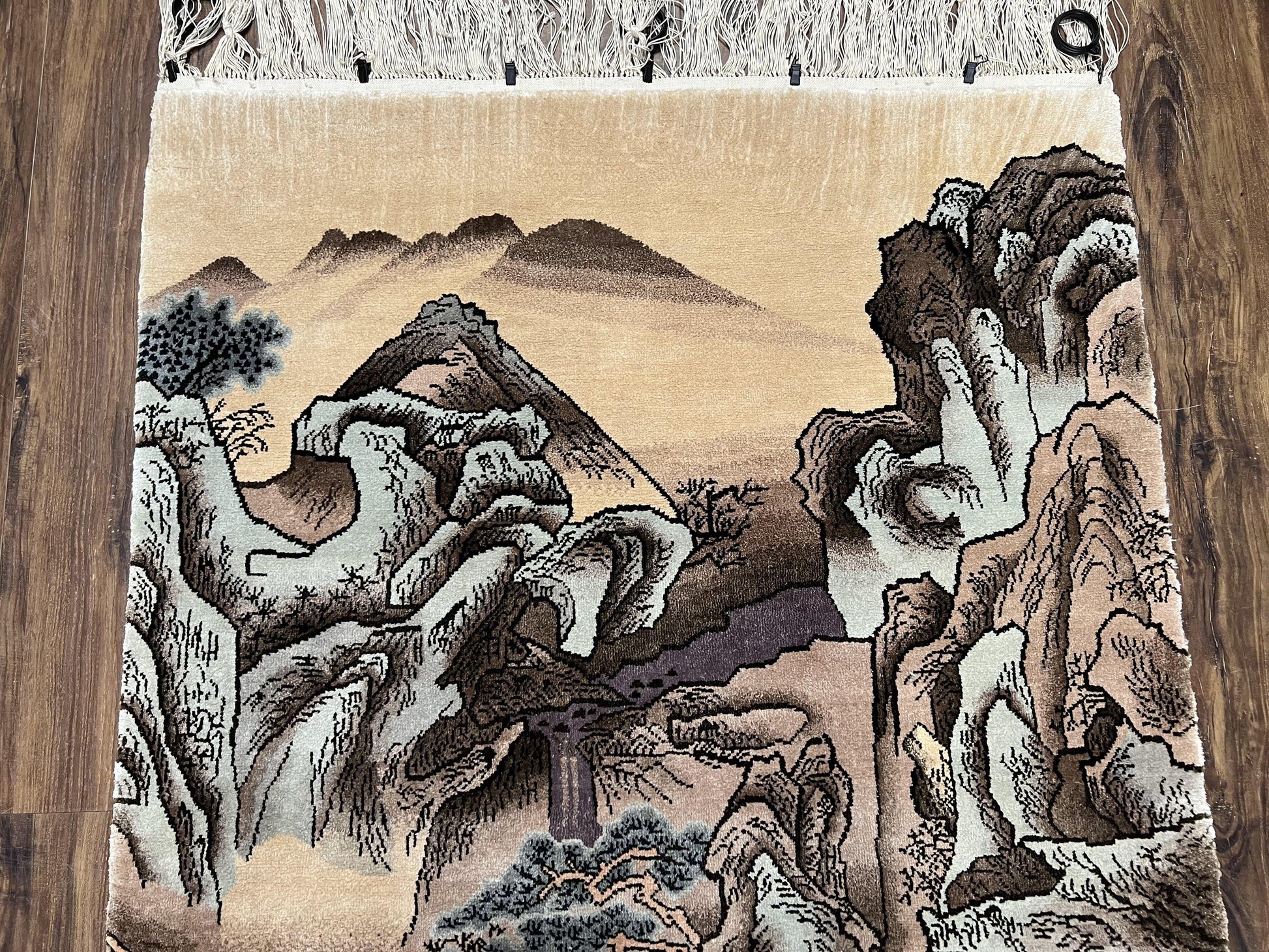 Silk Chinese Wall Hanging Rug 3x6 ft Tapestry, Pagoda Scene, Pictorial, High Quality Fine Hand Knotted Vintage, Asian Oriental Handmade Nice - Nuvé