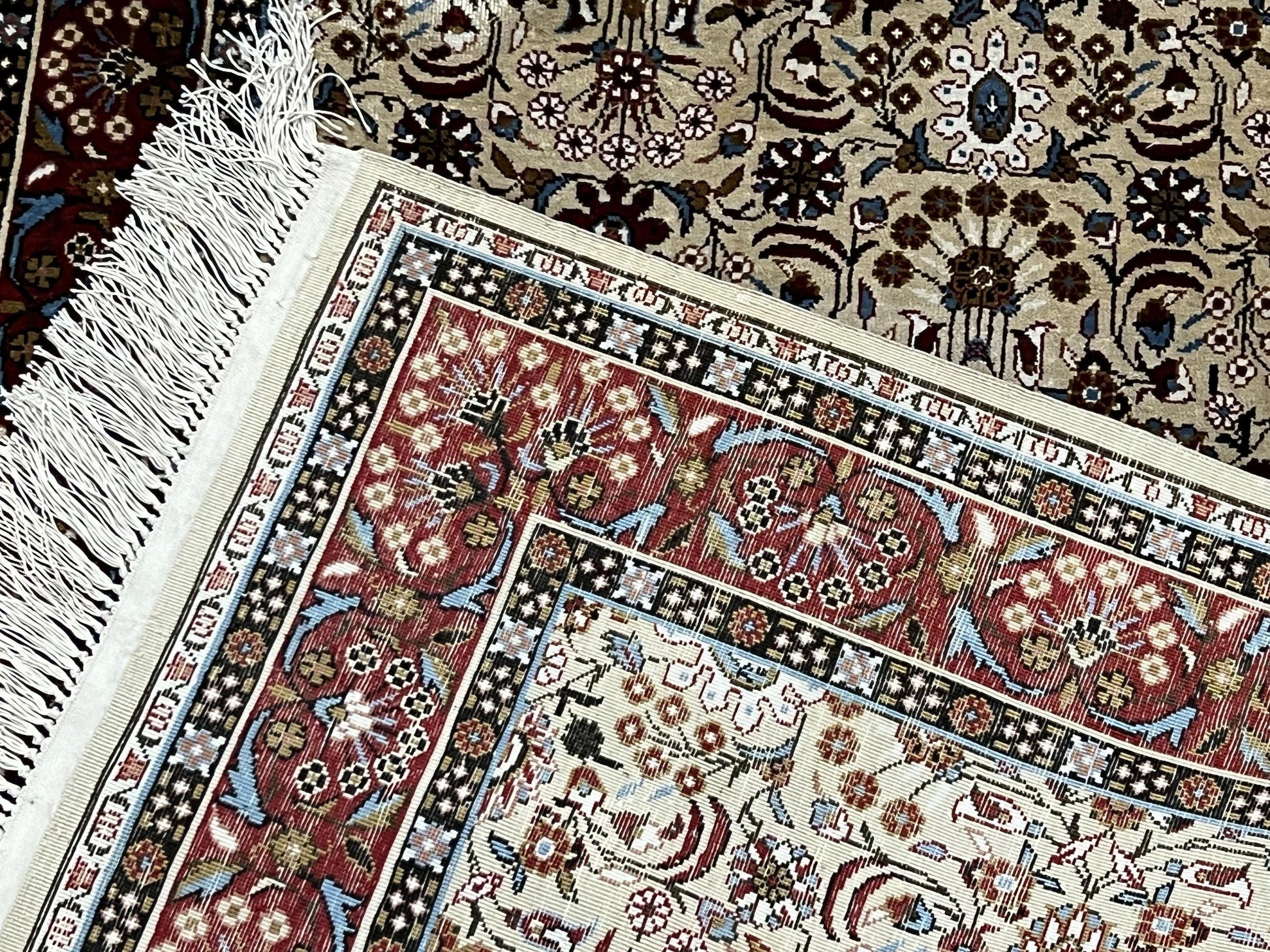 Fine Sino-Persian Silk Rug 3x5, High Quality Silk Carpet, Handmade Small Silk Rug, Allover Repeated Motif, Tan Maroon Blue Vintage Silk Rug - Nuvé
