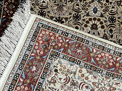 Fine Sino-Persian Silk Rug 3x5, High Quality Silk Carpet, Handmade Small Silk Rug, Allover Repeated Motif, Tan Maroon Blue Vintage Silk Rug - Nuvé