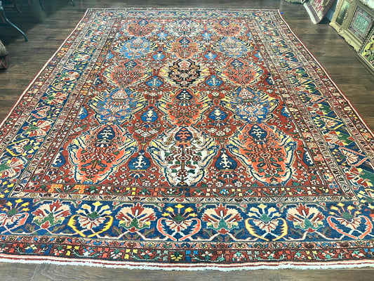 Large Persian Bakhtiari Rug 10x14, Rare Perisan Tribal Rug, Red Blue Ivory Multicolor, Hand Knotted, Semi Antique Carpet - Nuvé