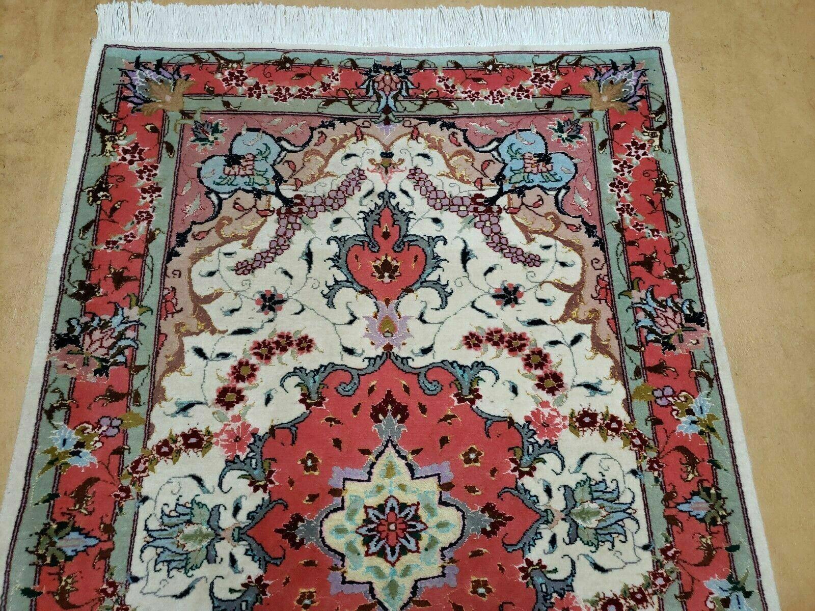 Small Vintage Persian Tabriz Wool and Silk Rug 2.5 x 4 ft, Very Finely Hand Knotted, Medallion, Ivory Salmon Light Blue, Top Quality, Pair B - Nuvé