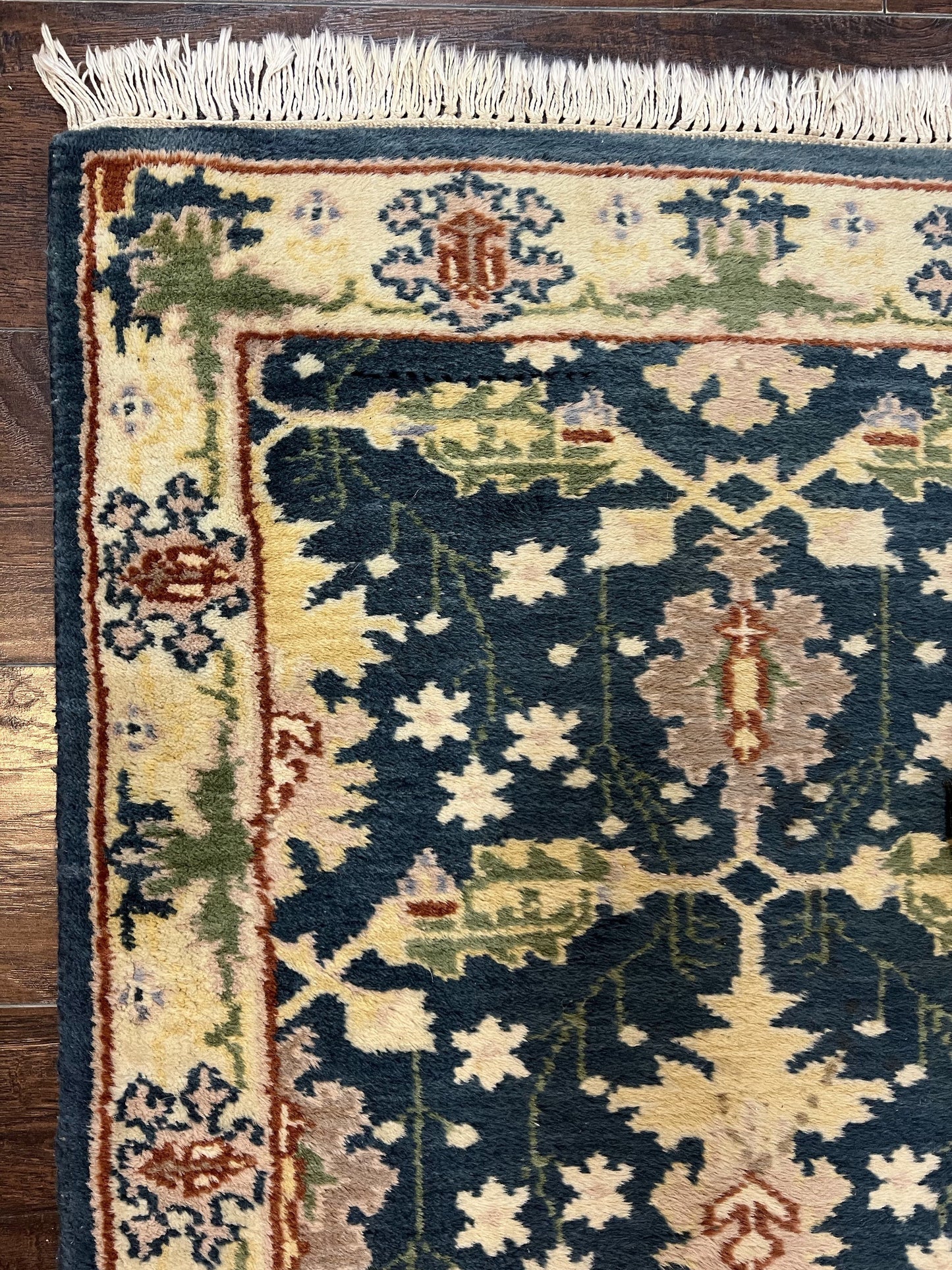 Indian Runner Rug 2.6 x 12, Navy Blue Beige Oriental Runner Rug 12ft Long, Narrow Hallway Runner, Wool Hand Knotted Indo Persian Mahal Rug - Nuvé