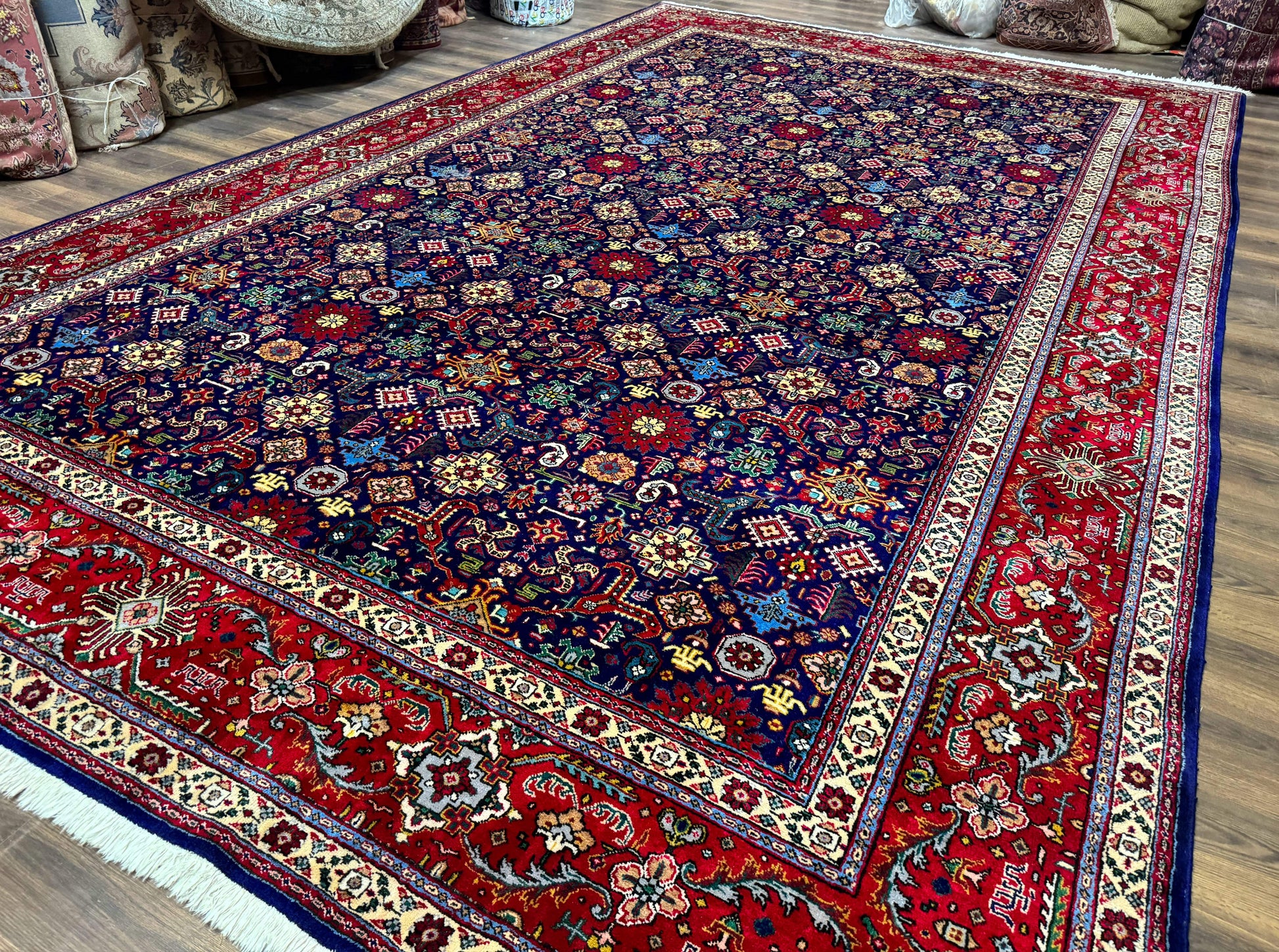 Large Persian Tabriz Rug 10x16, Navy Blue and Red, Allover Pattern, Vintage Hand Knotted Wool Carpet - Nuvé