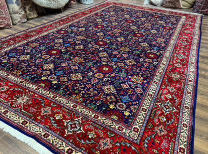 Large Persian Tabriz Rug 10x16, Navy Blue and Red, Allover Pattern, Vintage Hand Knotted Wool Carpet - Nuvé