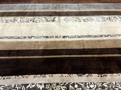 Modern Tibetan Nepali Rug 8x12, Stripe Pattern, Wool with Silk Highlights, Handmade, Beige Tan Brown - Nuvé