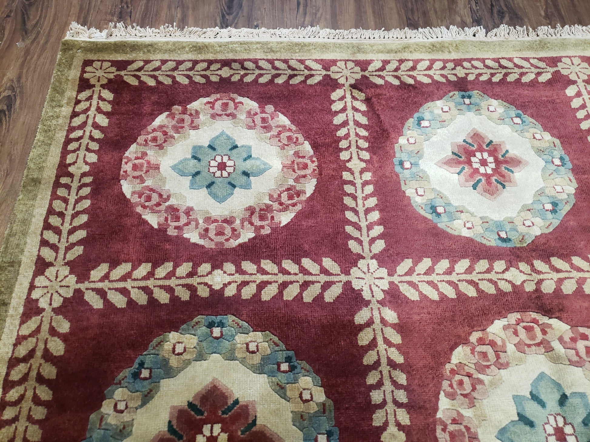 Nepalese Aubusson Panel Rug 6x9, Red & Ivory Soft Plush Tibetan Pile Rug, Wool Hand-Knotted Carpet, 6 x 9 Elegant Area Rug, Office Room Rug - Nuvé