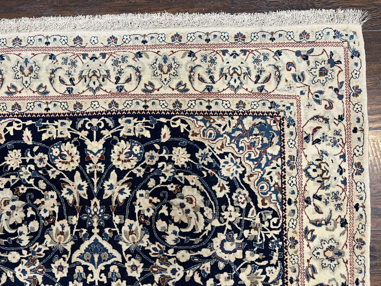 Very Fine Persian Nain Rug 3.7 x 6, Floral Medallion, Wool and Silk Accents, Highly Detailed, Hand Knotted Oriental Carpet, Navy Blue Ivory/Cream - Nuvé