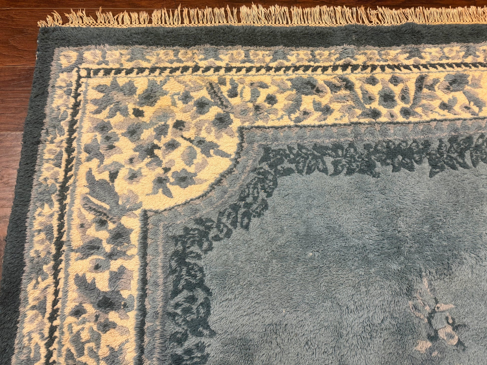 Indo Chinese Aubusson Rug 6x9, Light Blue and Ivory, Handmade Vintage Wool Carpet - Nuvé