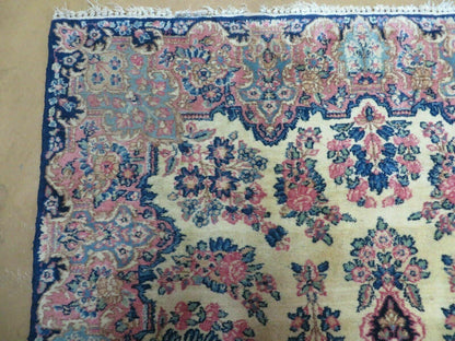 Antique Persian Kirman Rug 3.9 x 6.6, Floral Oriental Carpet, Ivory/Cream - Blue - Pink, Hand Knotted Wool Rug, Floral Medallion Rug 4x6 - Nuvé