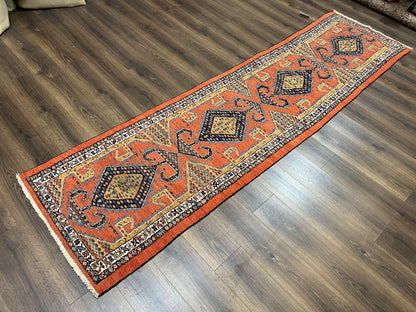 Rare Persian Tribal Runner Rug 3 x 11, Sarab Serab Persian Runner, Antique 1920s Collectible Geometric Medallions Oriental Wool Runner, Hand Knotted, Bright Orange-Red - Nuvé