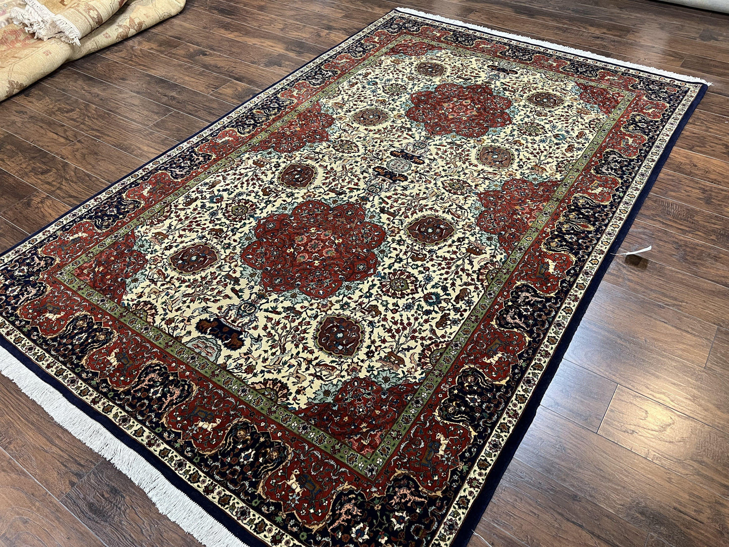Wonderful Sino Persian Rug 6x10 with Animal Pictorial Motifs, Cream Dark Red Navy Blue, Birds Gazelles, Two Medallions, Top Quality Handmade - Nuvé