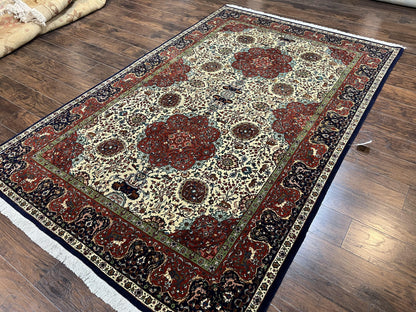 Wonderful Sino Persian Rug 6x10 with Animal Pictorial Motifs, Cream Dark Red Navy Blue, Birds Gazelles, Two Medallions, Top Quality Handmade - Nuvé