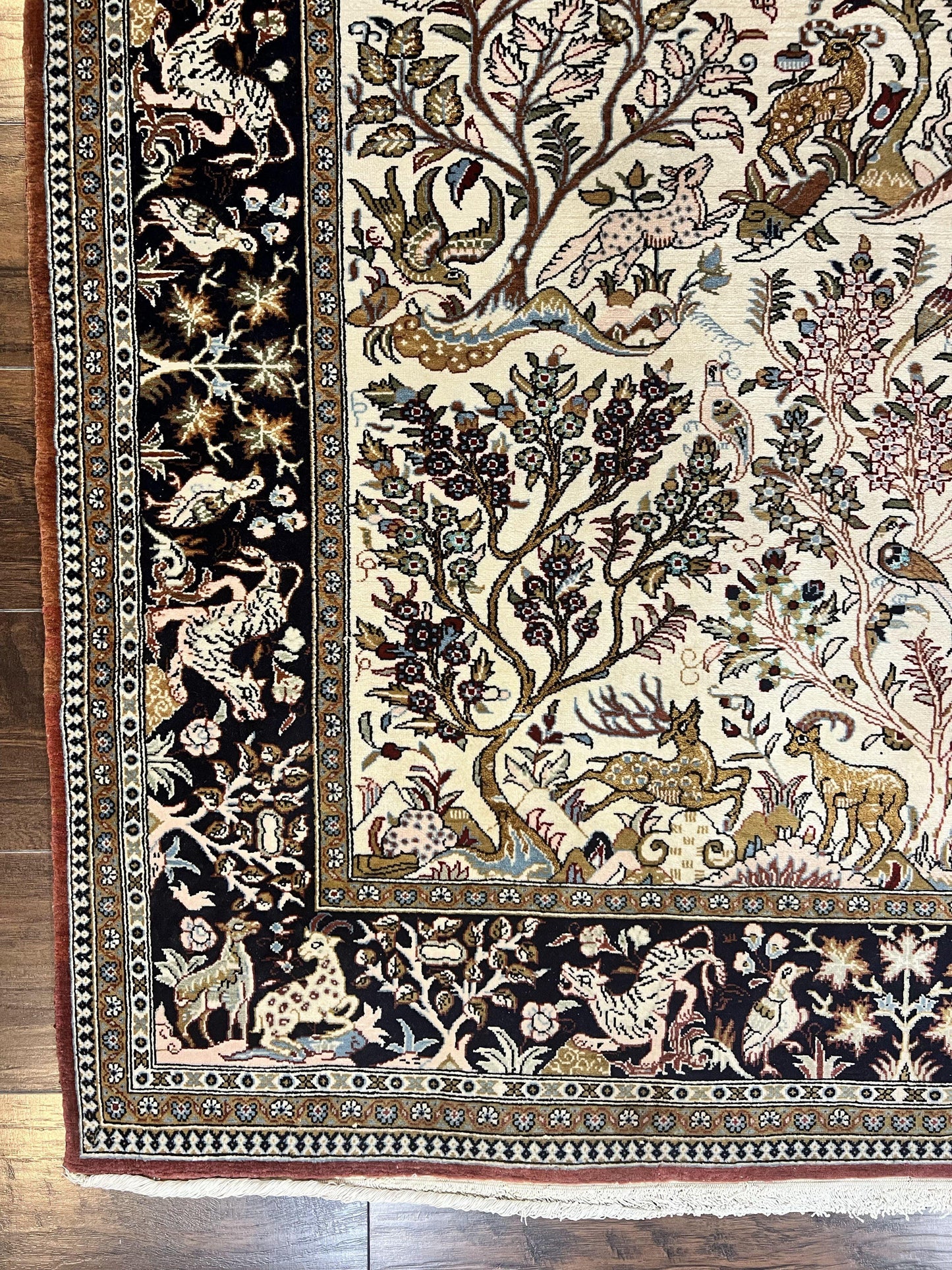 Persian Qum Tree of Life Rug 5x7, Wool and Silk Highlights, Animal Motifs, Vintage Hand Knotted Handmade Cream & Black Fine Oriental Carpet - Nuvé