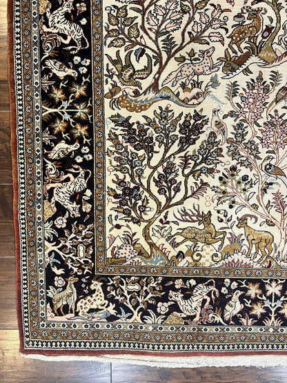 Persian Qum Tree of Life Rug 5x7, Wool and Silk Highlights, Animal Motifs, Vintage Hand Knotted Handmade Cream & Black Fine Oriental Carpet - Nuvé