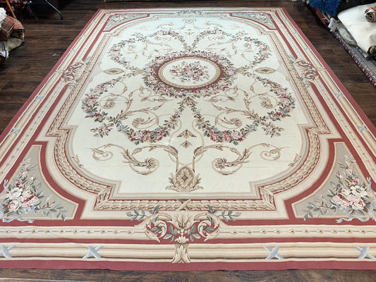 Large Aubusson Rug 10x14, Elegant French European Floral Design, Vintage Handmade Wool Room Sized Carpet, Ivory - Nuvé