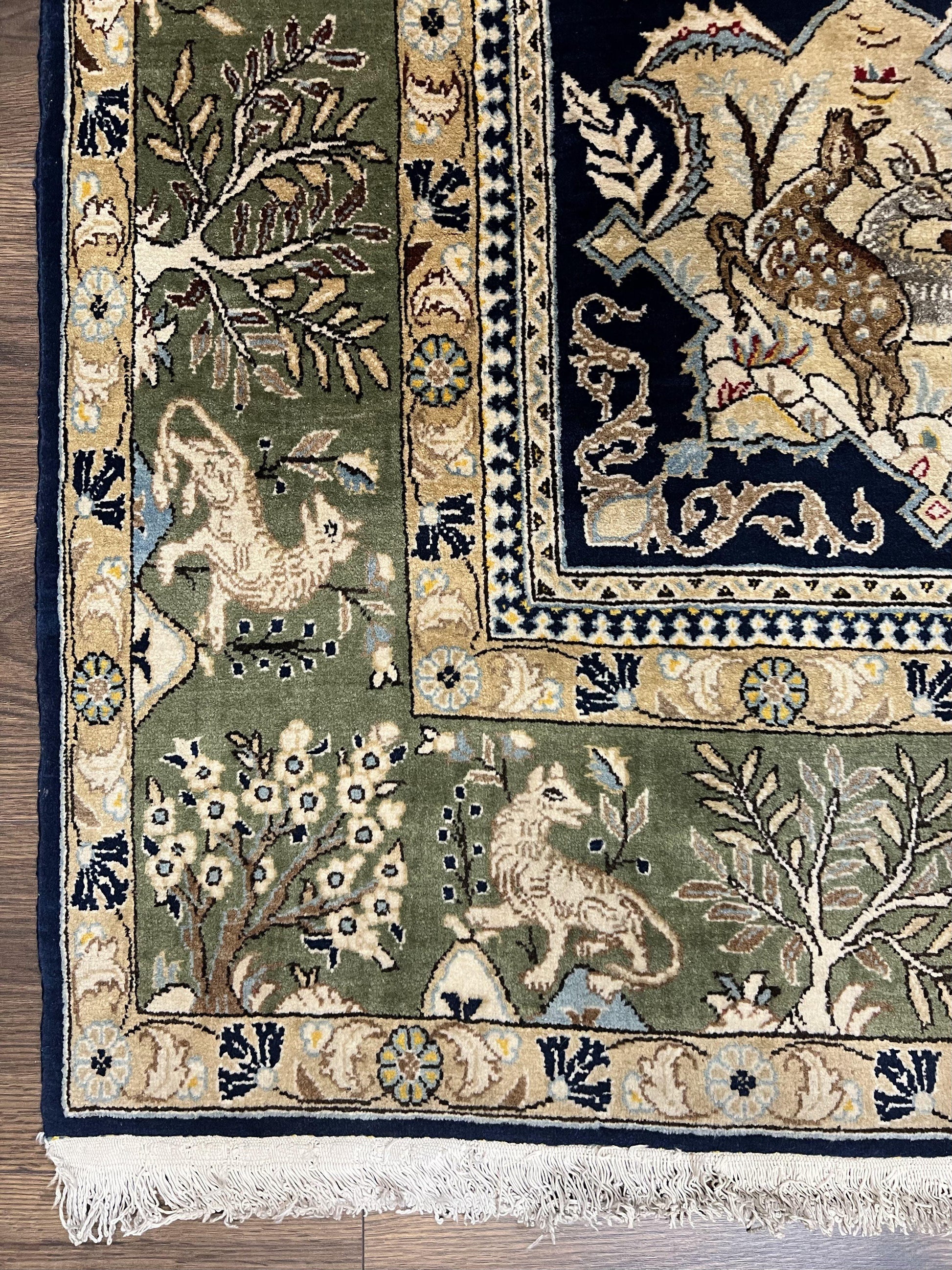 Wonderful Persian Qum Rug 6x9, Animal Pictorials, Tree of Life, Deer Birds, Hand Knotted Oriental Ghom Carpet, Semi Antique Vintage, Navy Blue Green - Nuvé