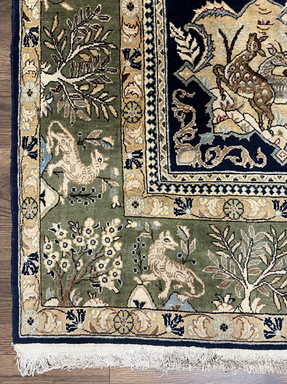 Wonderful Persian Qum Rug 6x9, Animal Pictorials, Tree of Life, Deer Birds, Hand Knotted Oriental Ghom Carpet, Semi Antique Vintage, Navy Blue Green - Nuvé