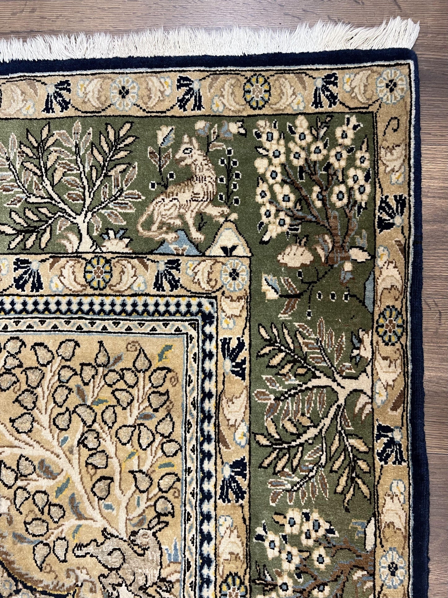 Wonderful Persian Qum Rug 6x9, Animal Pictorials, Tree of Life, Deer Birds, Hand Knotted Oriental Ghom Carpet, Semi Antique Vintage, Navy Blue Green - Nuvé