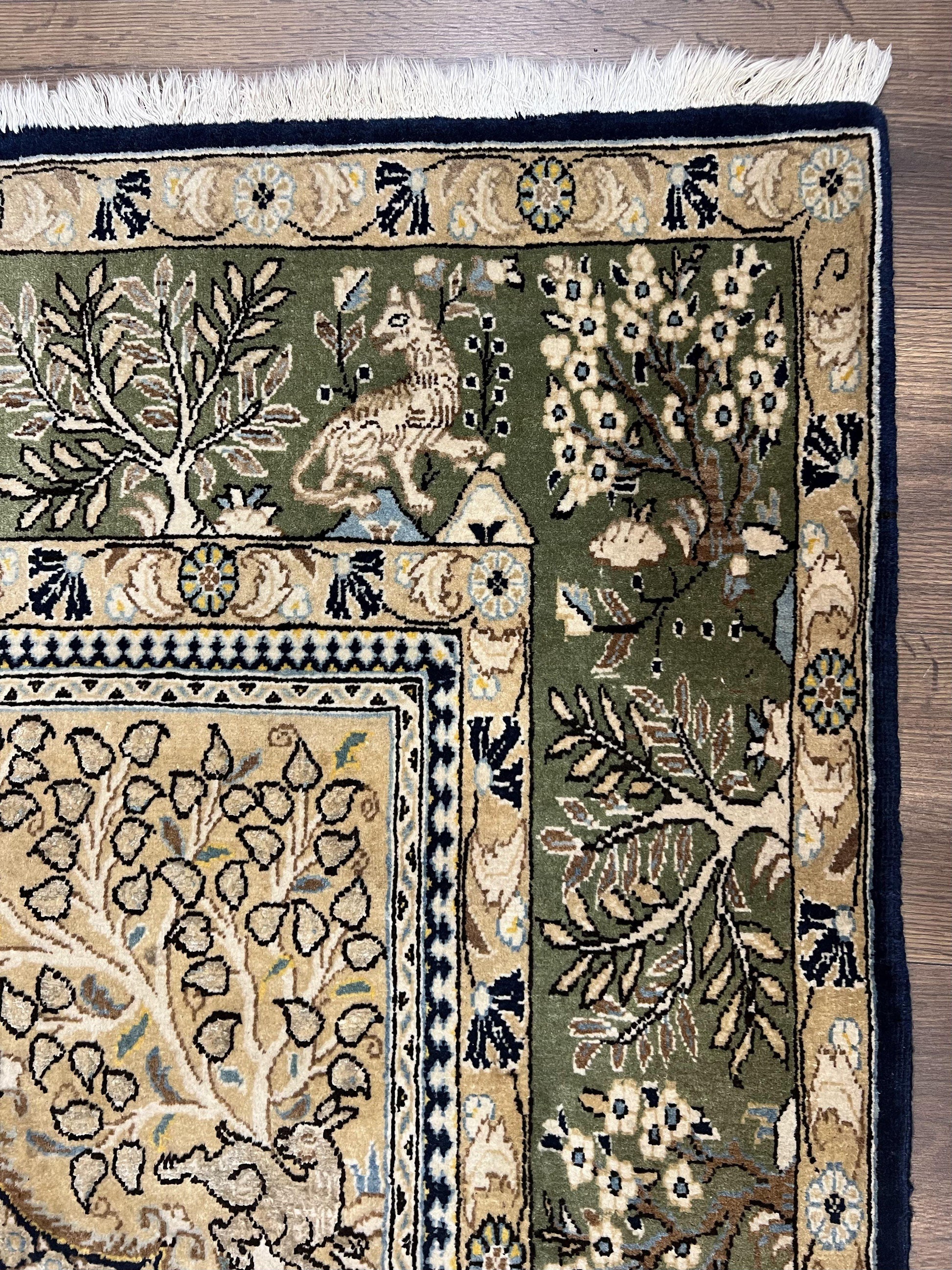 Wonderful Persian Qum Rug 6x9, Animal Pictorials, Tree of Life, Deer Birds, Hand Knotted Oriental Ghom Carpet, Semi Antique Vintage, Navy Blue Green - Nuvé