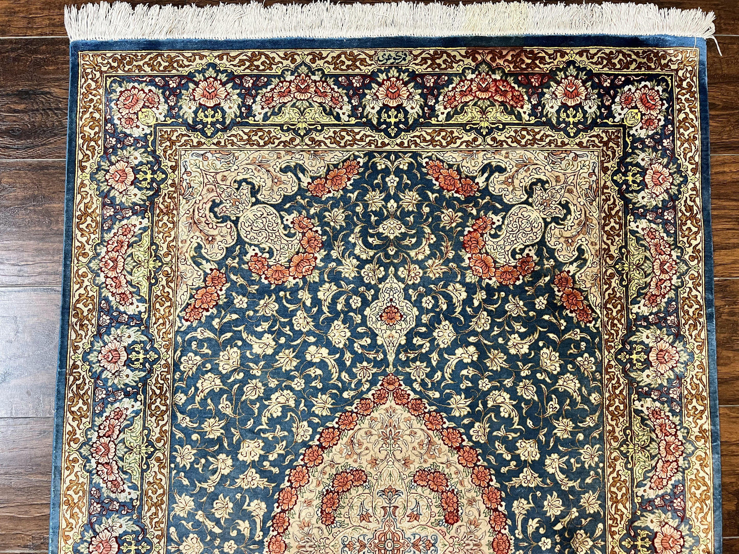 Magnificent Persian Qum Silk Rug 3x5, Blue, Super Fine 675 KPSI - 70 Raj, Floral Roses, Handmade Vintage Silk Carpet, Masterpiece - Nuvé