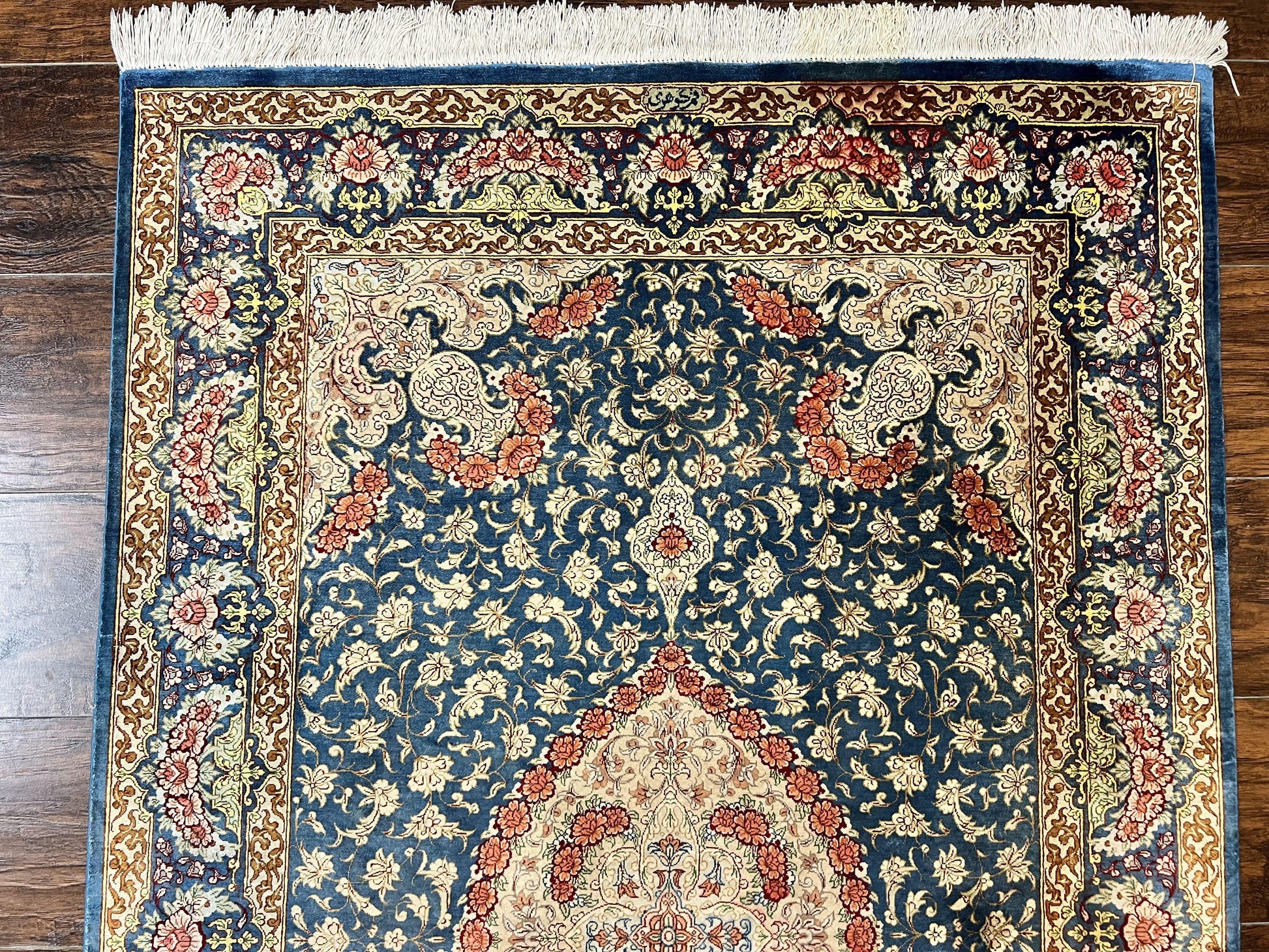 Magnificent Persian Qum Silk Rug 3x5, Blue, Super Fine 675 KPSI - 70 Raj, Floral Roses, Handmade Vintage Silk Carpet, Masterpiece - Nuvé