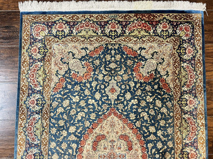 Magnificent Persian Qum Silk Rug 3x5, Blue, Super Fine 675 KPSI - 70 Raj, Floral Roses, Handmade Vintage Silk Carpet, Masterpiece - Nuvé